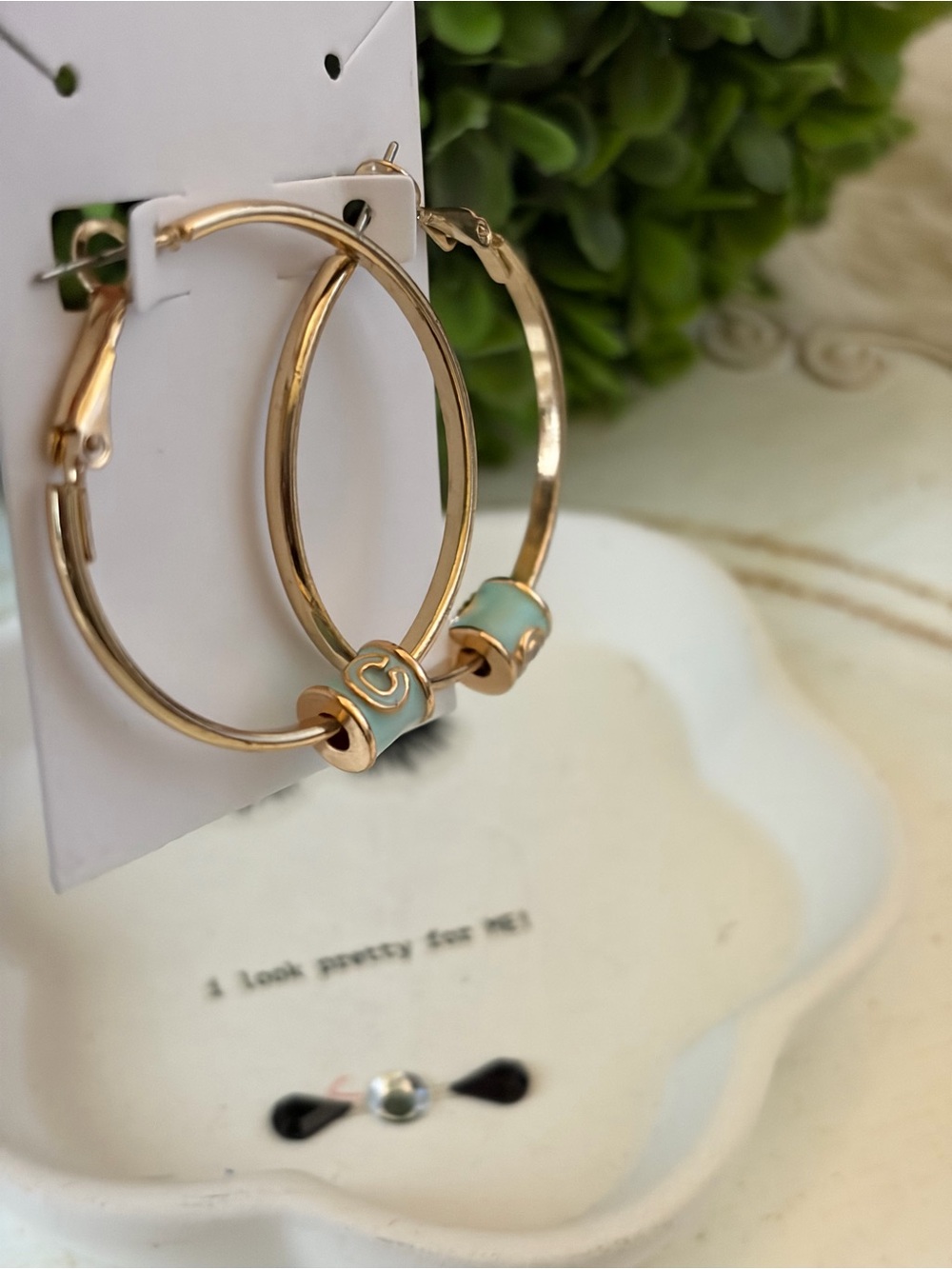 Gold Hoop Earrings with Mint Enamel Accent - Fashion Jewelry